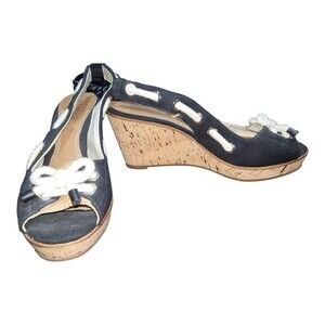 Sperry Southport Nautical Slingback Cork Wedge Sandal Women's Black Tan Size 8M